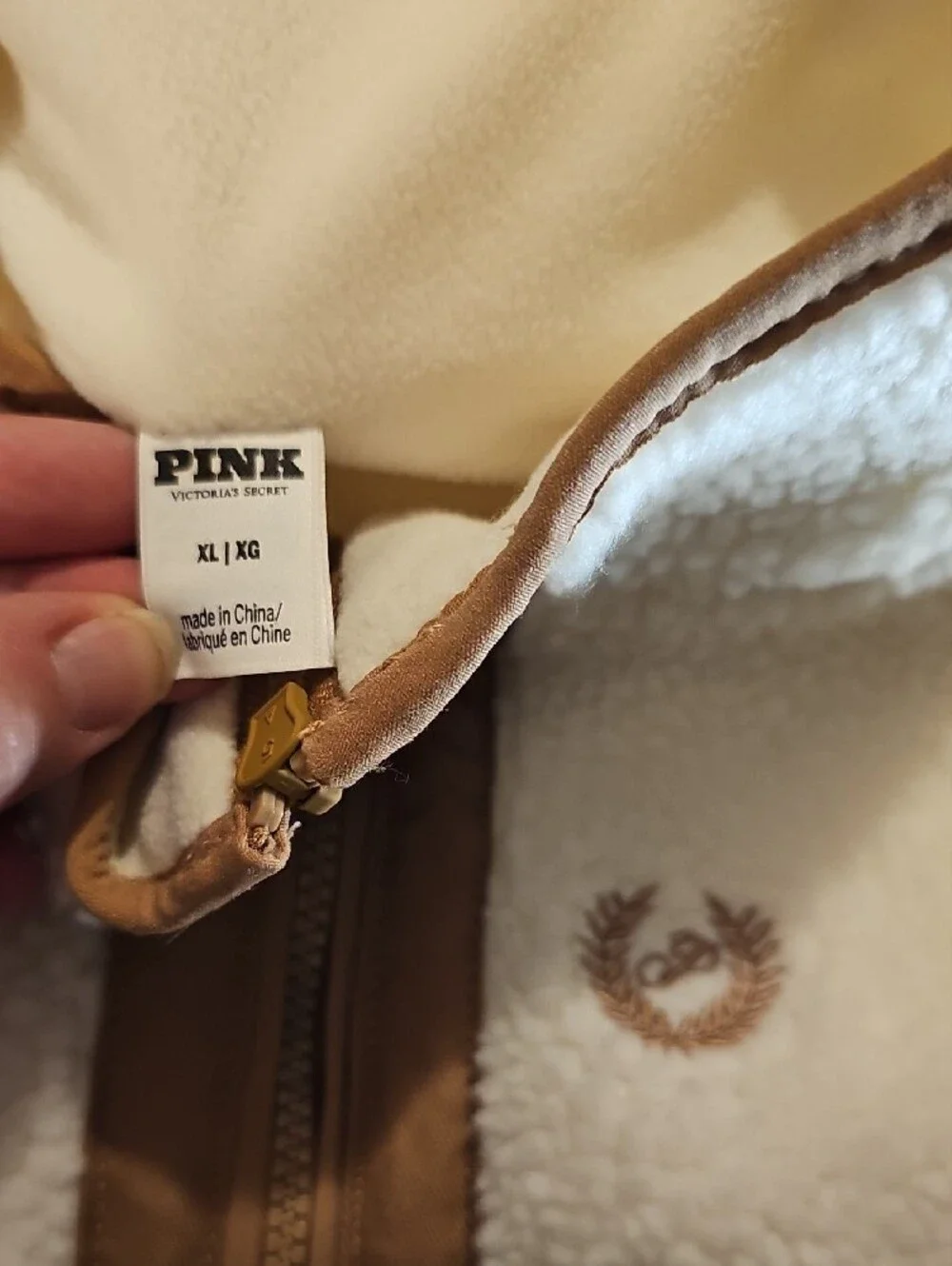 PINK Victoria's Secret Cream Sherpa Jacket with Tan Trim